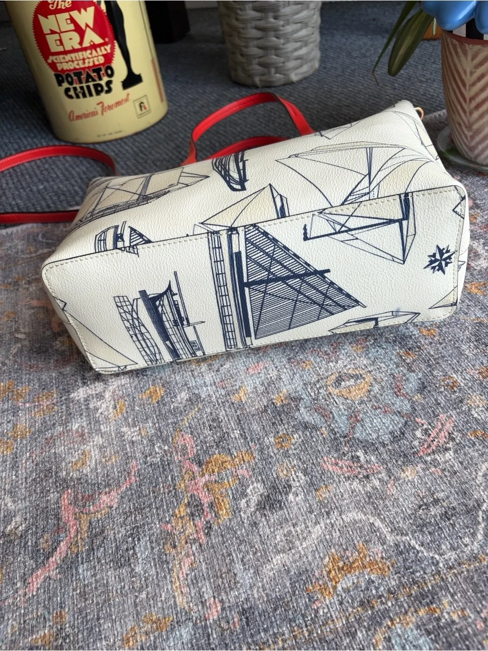 Tory Burch ‘Kerrington’ Small Nautical Ship Print Tote Orange-Red Trim & Strap